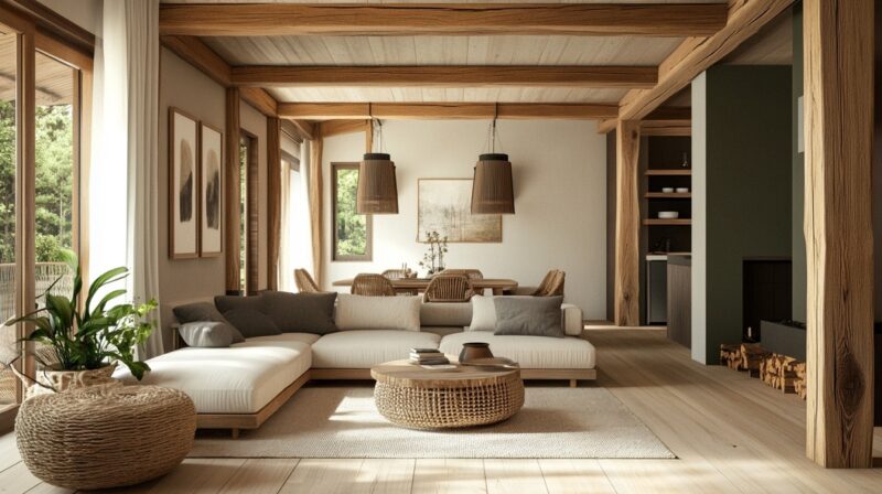 A well-lit modern cabin living room with natural wood beams