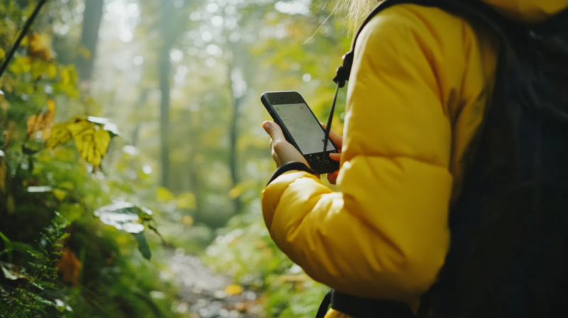 A Person Using a Mobile Phone While Hiking Through a Forest During a Backpacking Adventure