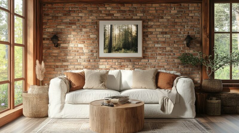 A warm and inviting living room with a white couch, wooden furniture, and an exposed brick wall