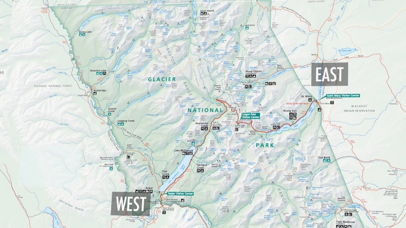 A Detailed Map of Glacier National Park Showing the West and East Regions